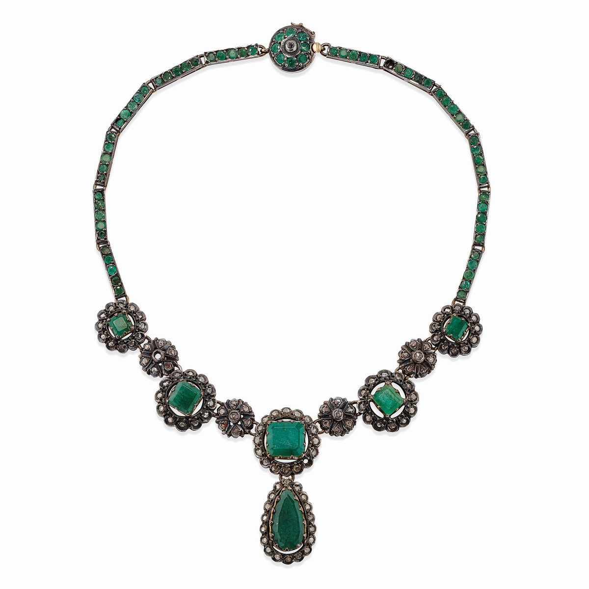 A silver, 18k red gold, diamond and emerald necklace, with box 