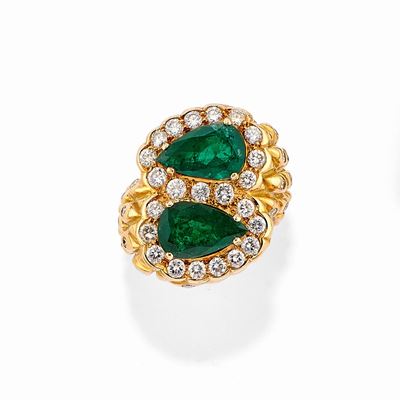 Anello in Oro Giallo 18k, Diamanti e Smeraldi