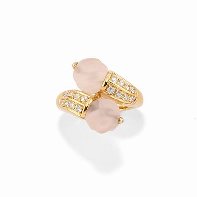 Anello in Oro Giallo 18k, Diamanti e Quarzo Rosa