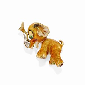 Spilla in oro bicolore 18k, smalto e diamanti