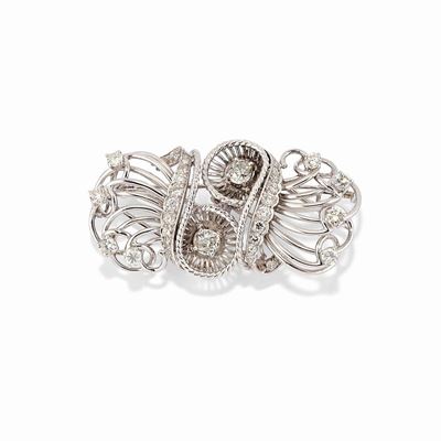 Spilla-doppia Clip in Oro Bianco 18k, Platino e Diamanti