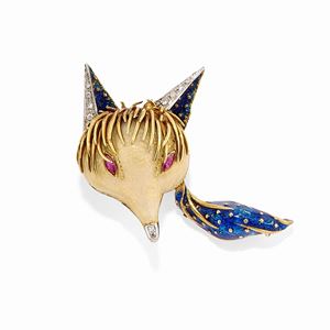 Lunati - A 18k two-color gold, enamel, ruby and diamond brooch, Lunati