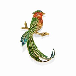 Spilla in oro giallo 18k, smalto e zaffiro