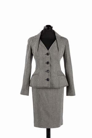 Black and white herringbone wool jacket with skirt suit