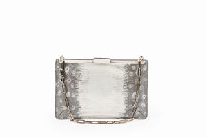 Pearl grey color printed leather evening bag
