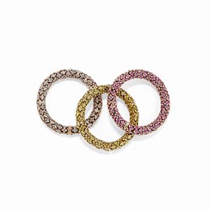 A 18k yellow and red gold, diamond, yellow and pink sapphire three rings