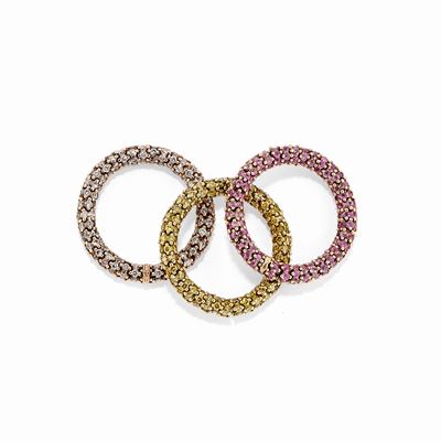 Tre Anelli in Oro Rosso e Giallo 18k, Diamanti, Zaffiri Gialli e Rosa