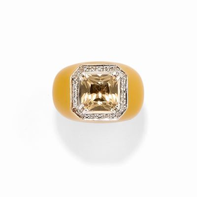Anello in Argento e Oro Giallo 18k, Quarzo Sintetico, Diamanti e Smalto