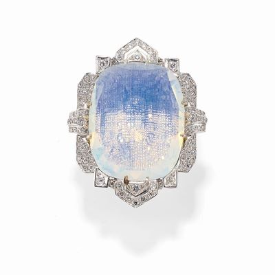 Anello in Oro Bianco 18k, Diamanti e Opale Sintetico