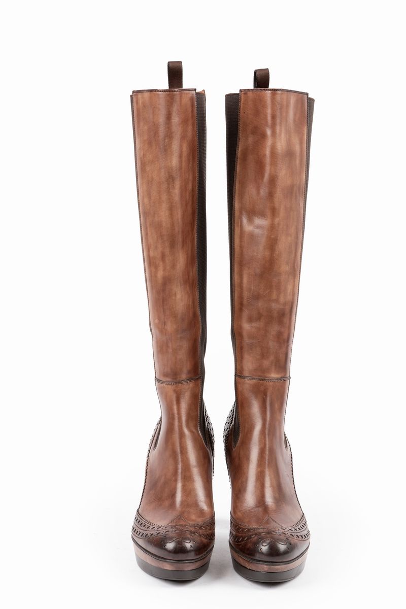 Santoni - Stivali in pelle marrone, misura 38, tacco 10 cm