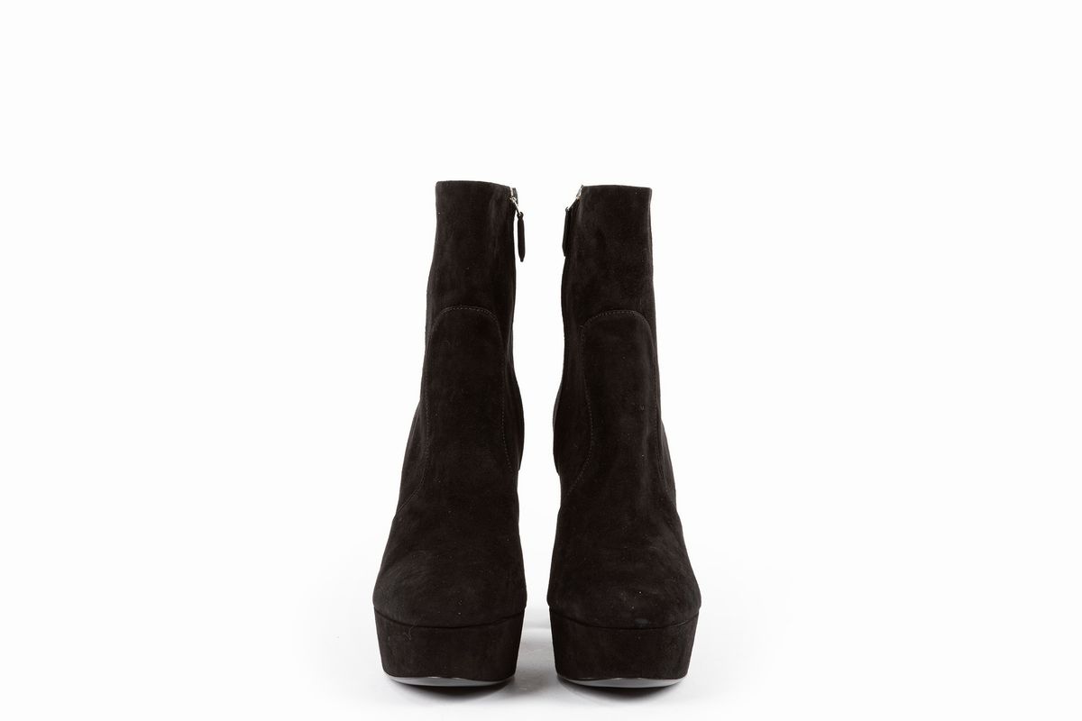 Prada - Stivaletti alla caviglia, in camoscio nero con plateau e tacco 11 cm, misura 38 1/2