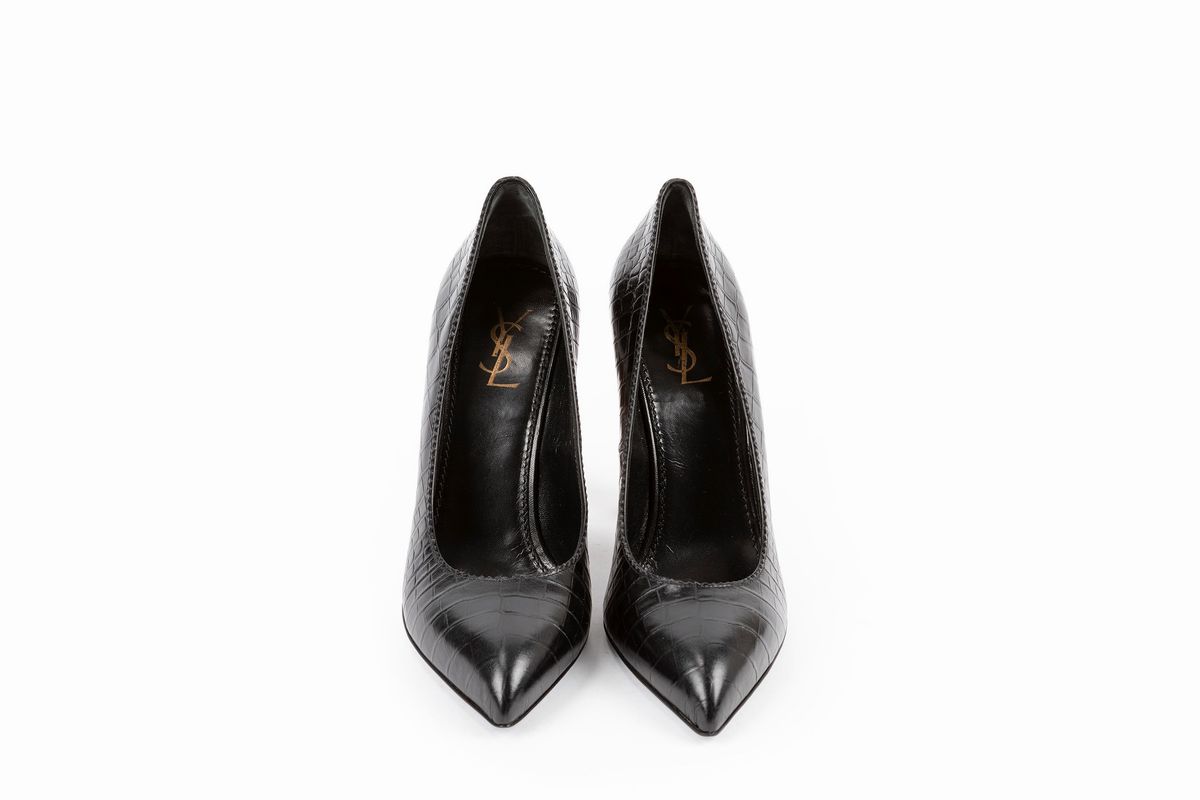 Yves Saint Laurent - Scarpa in pelle stampata nera con tacco in legno, misura 39