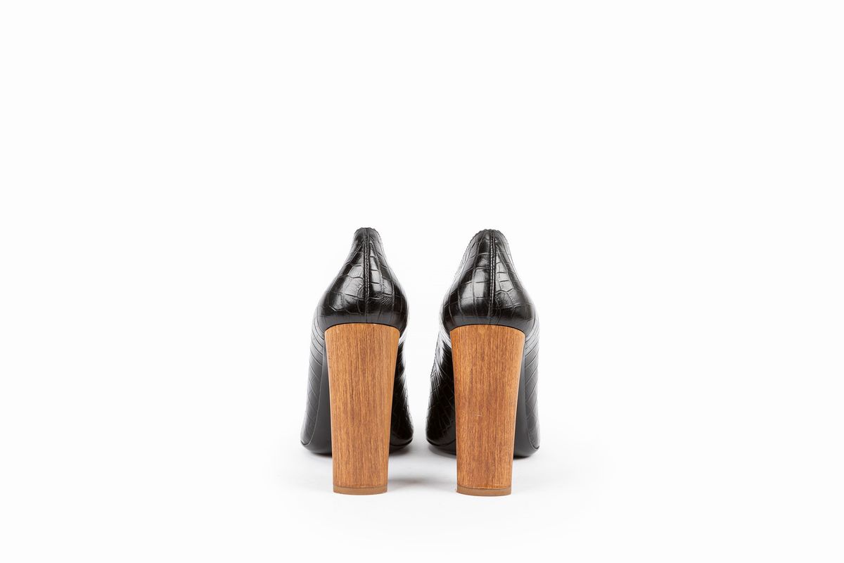 Yves Saint Laurent - Scarpa in pelle stampata nera con tacco in legno, misura 39