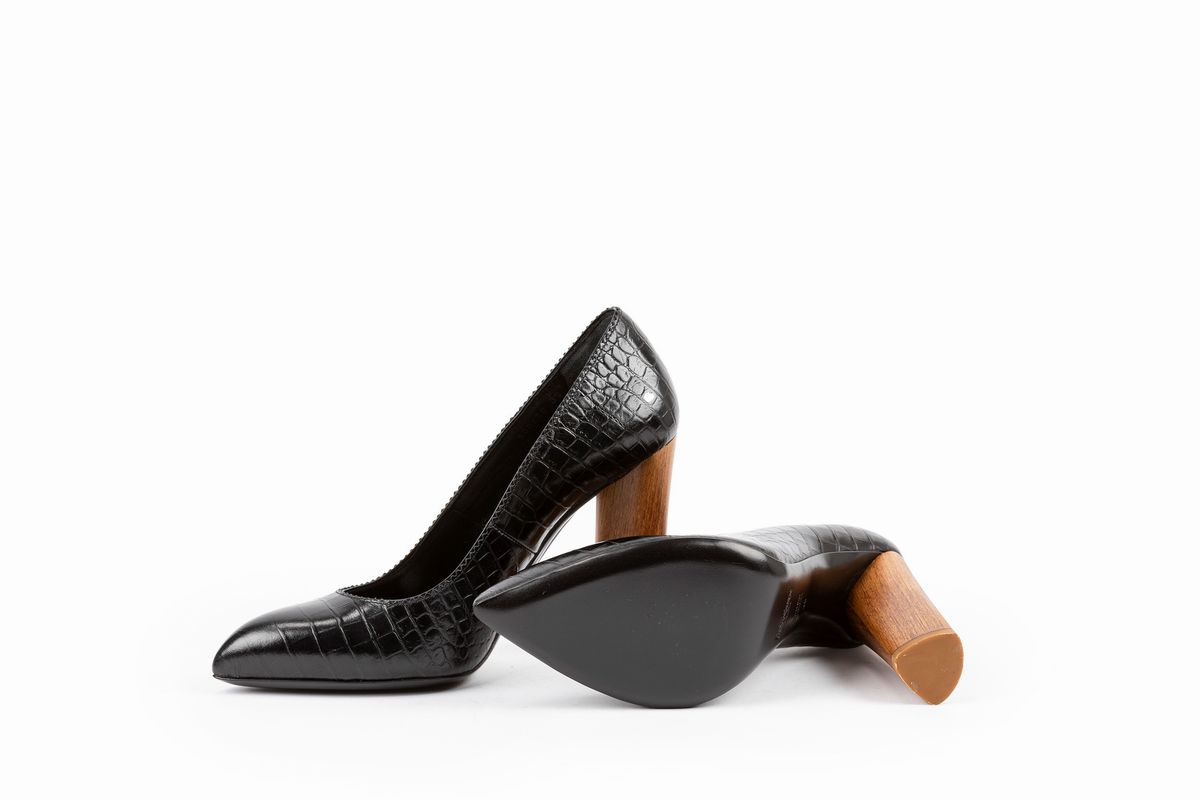 Yves Saint Laurent - Scarpa in pelle stampata nera con tacco in legno, misura 39