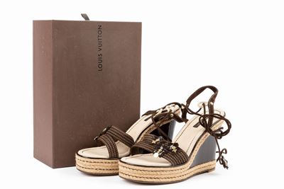 Sandalo in corda, tessuto marrone, plateau 38 1/2, tacco 12 cm