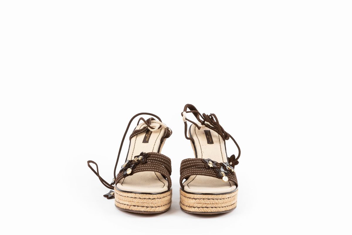 Louis Vuitton - Sandalo in corda, tessuto marrone, plateau 38 1/2, tacco 12 cm
