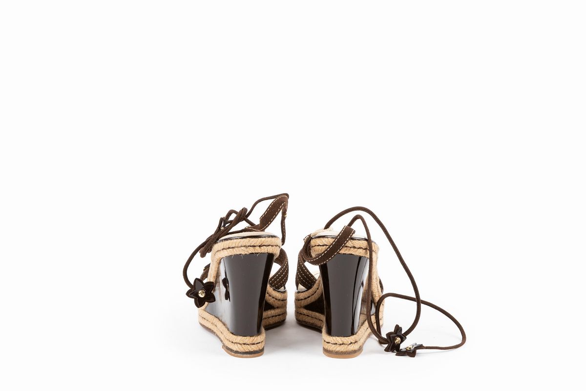 Louis Vuitton - Sandalo in corda, tessuto marrone, plateau 38 1/2, tacco 12 cm
