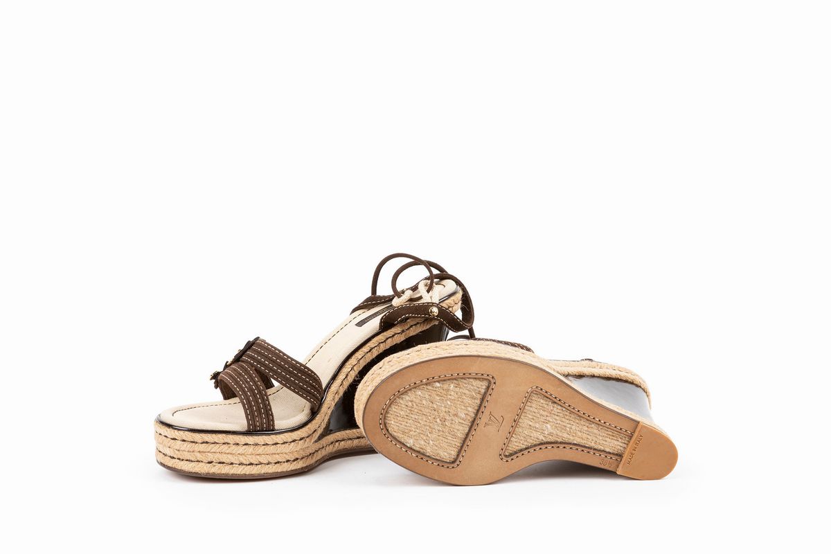 Louis Vuitton - Sandalo in corda, tessuto marrone, plateau 38 1/2, tacco 12 cm