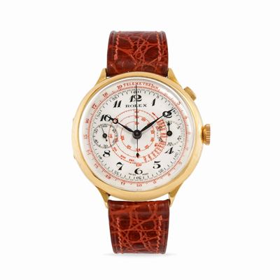 Cronografo 2021, anni ‘20, oro 18k, quadrante in smalto bianco