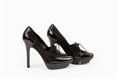 Scarpe in vernice e camoscio nero con tacco 12 cm, misura 38 1/2