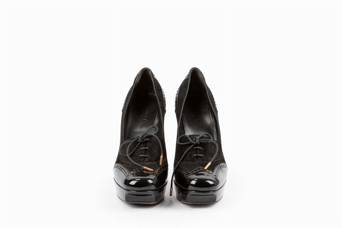 Gucci - Scarpe in vernice e camoscio nero con tacco 12 cm, misura 38 1/2