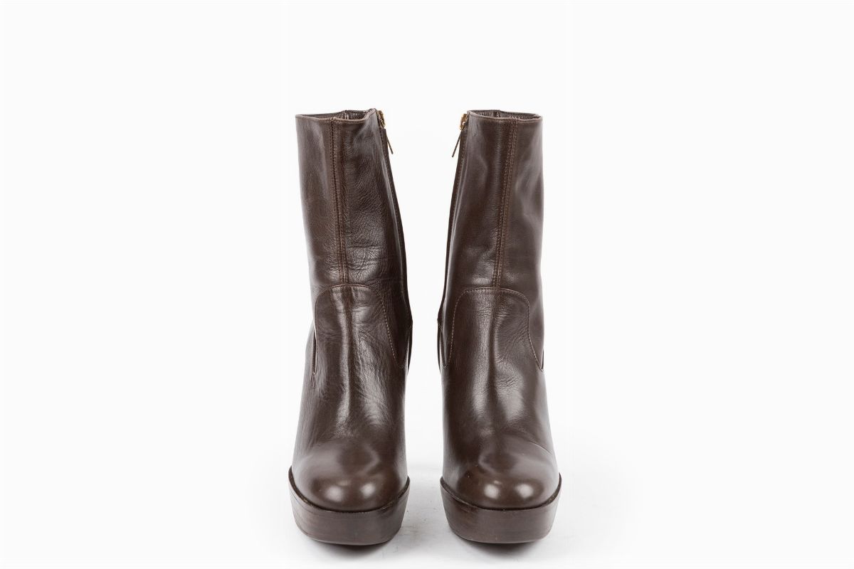 Yves Saint Laurent - Stivaletto alla caviglia in pelle marrone, misura 38, tacco 12 cm