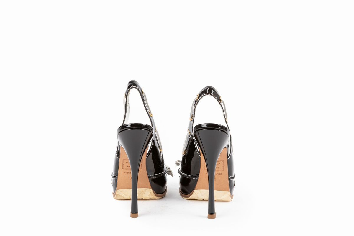 Dsquared - Sandalo aperto, vernice nera con stringhe bianche, tacco 13 cm, misura 38