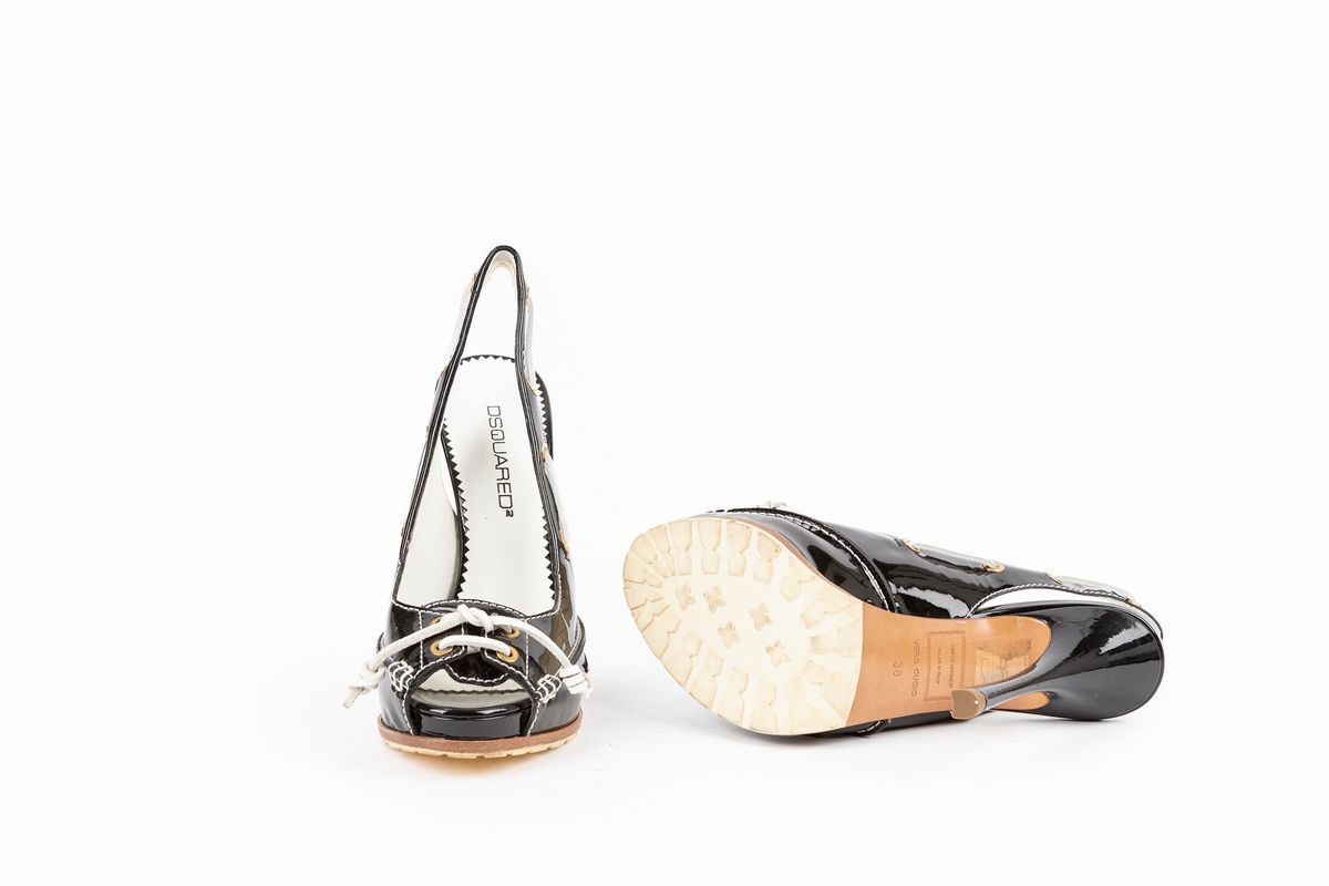 Dsquared - Sandalo aperto, vernice nera con stringhe bianche, tacco 13 cm, misura 38