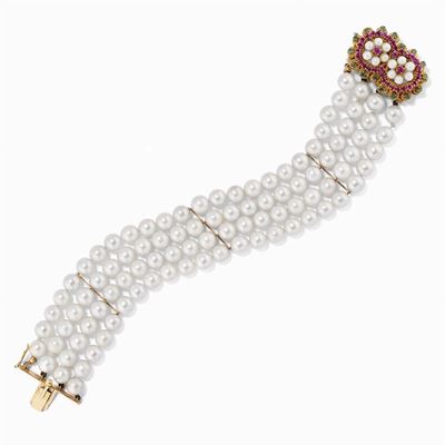 Bracciale in Oro 18k, Perle Coltivate, Rubini e Smeraldi