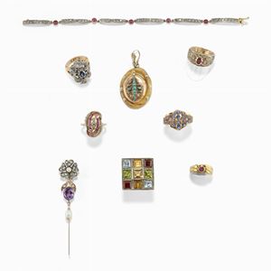 Lotto in argento, oro bassa caratura, 18k, pietre colorate e diamanti (