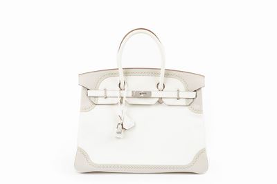 Borsa Birkin Ghillies, 35 cm, pelle Swift bianco e grigio perla, 2012
