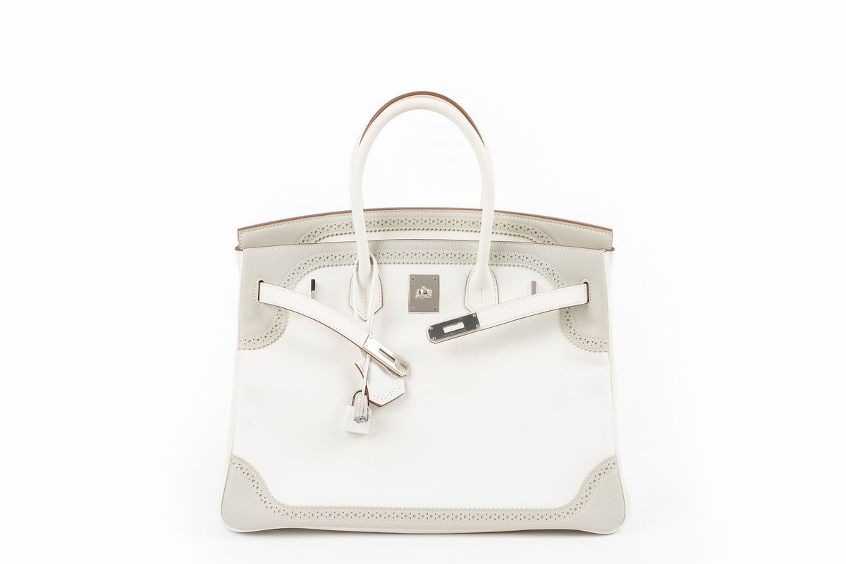Hermès - Borsa Birkin Ghillies, 35 cm, pelle Swift bianco e grigio perla, 2012