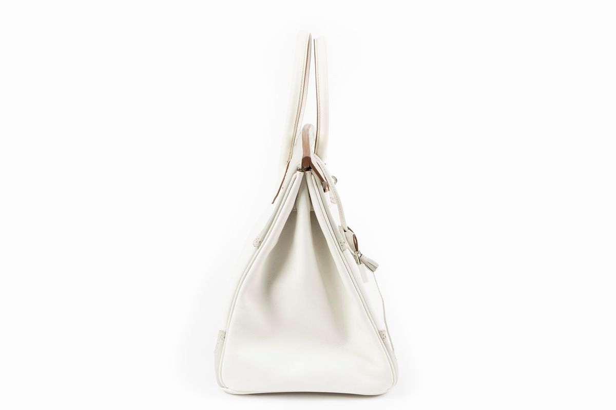 Hermès - Borsa Birkin Ghillies, 35 cm, pelle Swift bianco e grigio perla, 2012
