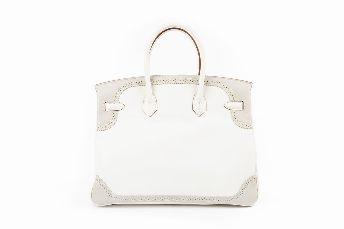 Hermès - Borsa Birkin Ghillies, 35 cm, pelle Swift bianco e grigio perla, 2012