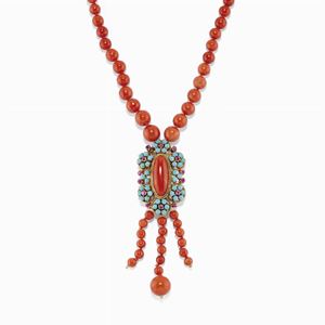 Collana in oro 18k, corallo, rubini e turchesi