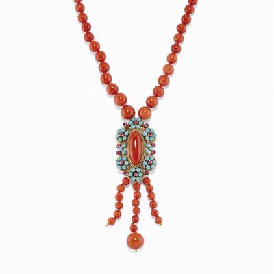 Collana in Oro 18k, Corallo, Rubini e Turchesi