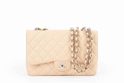 Borsa, pelle caviar matelassé color cipria, 30 cm, con tracolla a catena