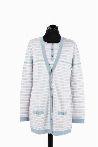 Twin Set, Canotta e Cardigan in Cotone e Cachemire a Righe