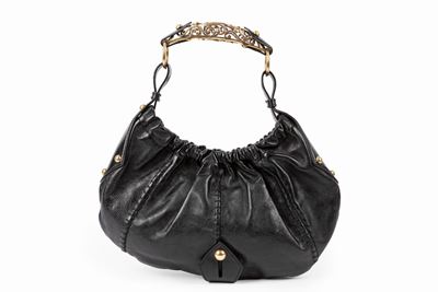 Borsa Mombasa in pelle nera con manico in metallo dorato traforato