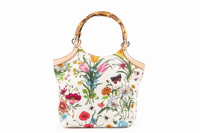 Borsa Flora, tessuto stampato a fiori con dettagli in bambù e pelle