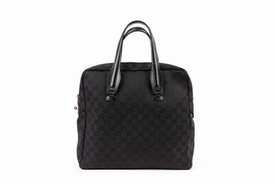 Borsa shopper in tela nera con manici in pelle