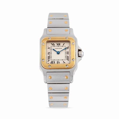Orologio Santos, cassa quadrata in acciaio e lunetta in oro 18k, anni '90