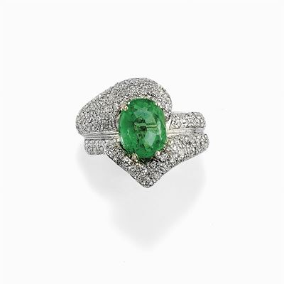 Anello in Oro Bianco 18k, Smeraldo e Diamanti
