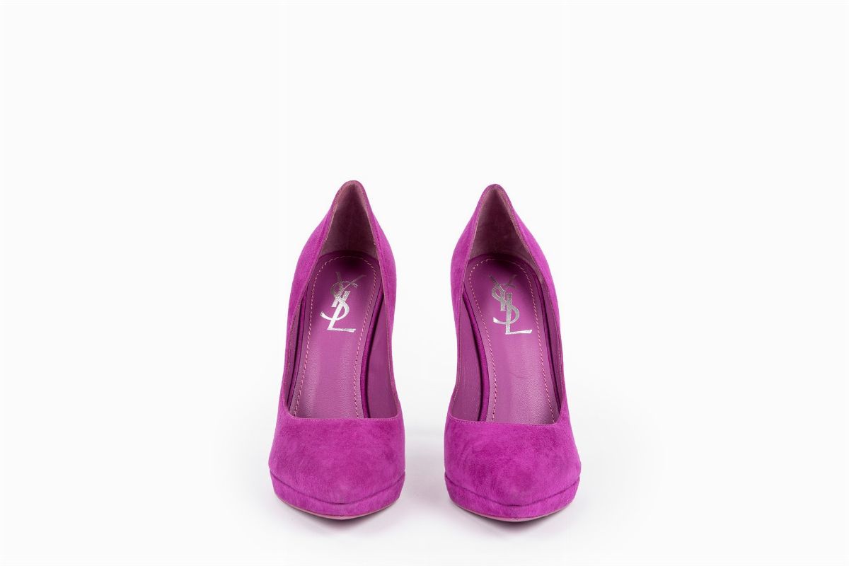 Yves Saint Laurent Rive Gauche - Paio di pump in camoscio violetto, misura 38, tacco 12 cm