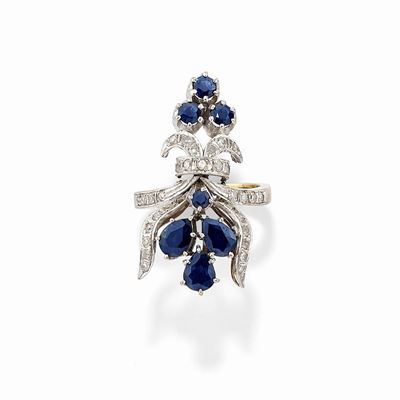 Anello in Oro Giallo 18k, Argento, Zaffiri e Diamanti