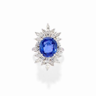 Anello in Oro Bianco 18k, Zaffiro e Diamanti