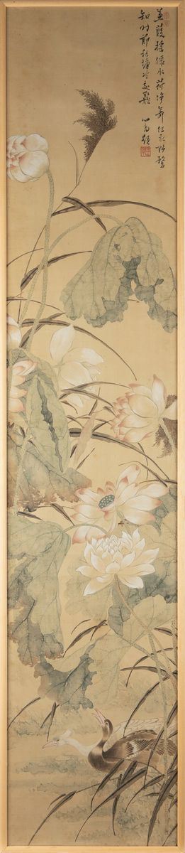 Pu Xin She, Dipinto su seta raffigurante fiori, arbusti e volatili