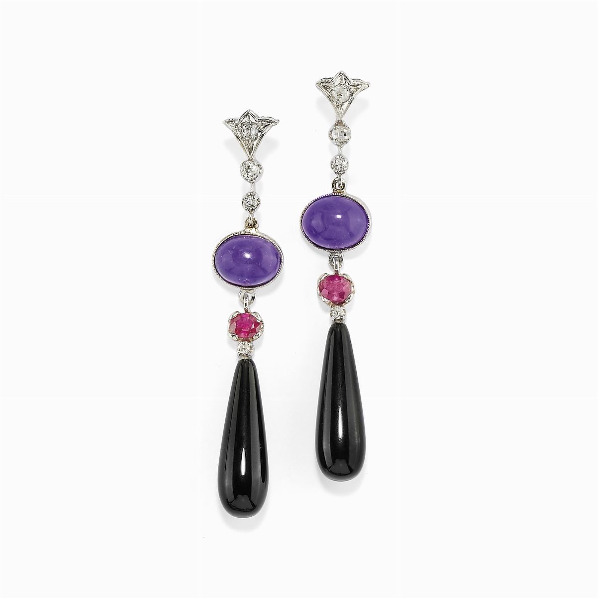 Orecchini Pendenti A Goccia In Silver Plated Con Ossidiana, Giada Rosa E Ametista
