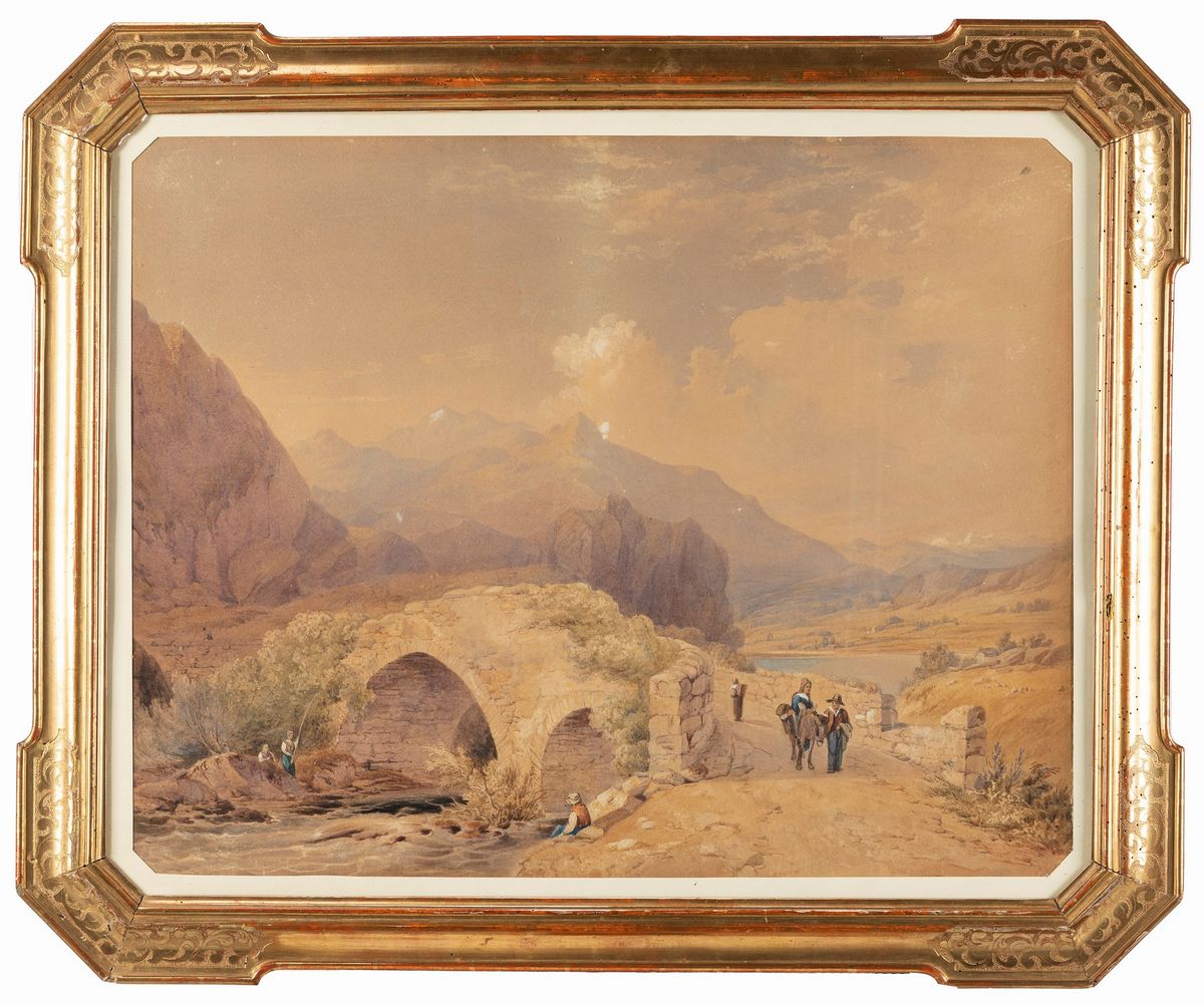 Attribuito a Giovanni Renica (montirone 1808 - Brescia 1884) - Paesaggio con Popolani