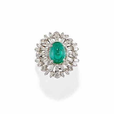 Anello in Oro Bianco 18k, Smeraldo e Diamanti